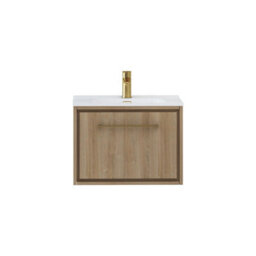 Royal Bathrooms Livora 600mm Natural Oak Wall Hung Bathroom Vanity Unit 1 Drawer With Ceramic Basin & Brushed Brass Handle - thumbnail 8