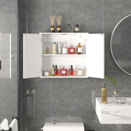 White Bathroom Wall Cabinet Storage 2 Door Cupboard Mdf Shelves Vanity Unit - thumbnail 5