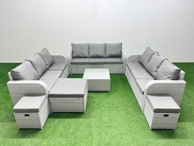 Fimous Pe Rattan Lounge Sofa Set 12 Seater Outdoor Garden Furniture Set Square Coffee Table 3 Seater Sofa 3 Stools Light Grey - image 1