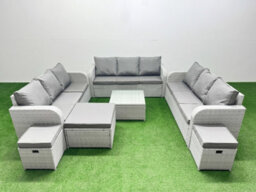 Fimous Pe Rattan Lounge Sofa Set 12 Seater Outdoor Garden Furniture Set Square Coffee Table 3 Seater Sofa 3 Stools Light Grey - thumbnail 1