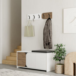 Decortie Modern Moni Shoe Cabinet White-Dark Oak Effect 3-Door Storage Cabinet With 5-Hook Organiser Set Fabric Seat