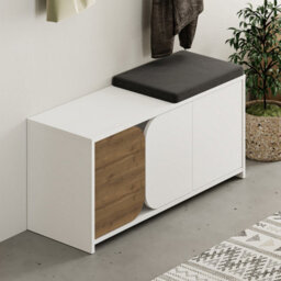 Decortie Modern Moni Shoe Cabinet White-Dark Oak Effect 3-Door Storage Cabinet With 5-Hook Organiser Set Fabric Seat - thumbnail 5