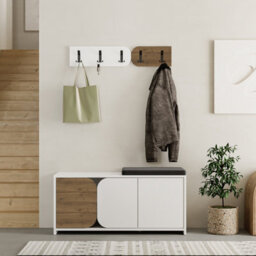 Decortie Modern Moni Shoe Cabinet White-Dark Oak Effect 3-Door Storage Cabinet With 5-Hook Organiser Set Fabric Seat - thumbnail 7