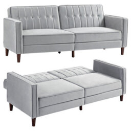 Homcom Convertible Sofa Futon Velvet-Touch Tufted Couch Sofa Bed Grey - thumbnail 2