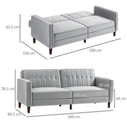 Homcom Convertible Sofa Futon Velvet-Touch Tufted Couch Sofa Bed Grey - thumbnail 3