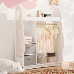 Keepreaper Stylish Kids Wardrobe With Mirror Open Hanging And Storage Shelf For Children's Clothes In White - thumbnail 1