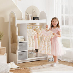 Keepreaper Stylish Kids Wardrobe With Mirror Open Hanging And Storage Shelf For Children's Clothes In White - thumbnail 3