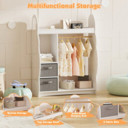 Keepreaper Stylish Kids Wardrobe With Mirror Open Hanging And Storage Shelf For Children's Clothes In White - thumbnail 5