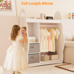 Keepreaper Stylish Kids Wardrobe With Mirror Open Hanging And Storage Shelf For Children's Clothes In White - thumbnail 4