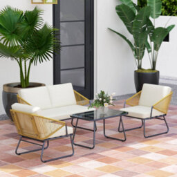 Outsunny 4 Piece Rattan Garden Furniture Set With Cushions, Natural - thumbnail 1