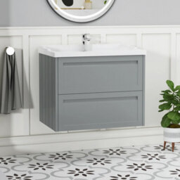 Royal Bathrooms Elmore 700mm Wall Hung 2 Drawer Bathroom Vanity Unit With Traditional Ceramic Basin Sink - Matt Pebble Grey - thumbnail 1