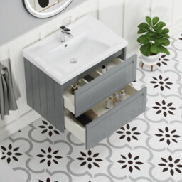 Royal Bathrooms Elmore 700mm Wall Hung 2 Drawer Bathroom Vanity Unit With Traditional Ceramic Basin Sink - Matt Pebble Grey - thumbnail 5