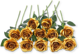 12 Artificial Rose Flowers, 21 Inches, Single Stem, Fake Silk Flowers, Realistic Artificial Bouquet For Wedding Decoration, Gold - thumbnail 1