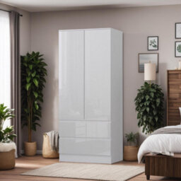 Fwstyle White Gloss 2 Door Wardrobe With 2 Drawers Scratch Resistant - thumbnail 1
