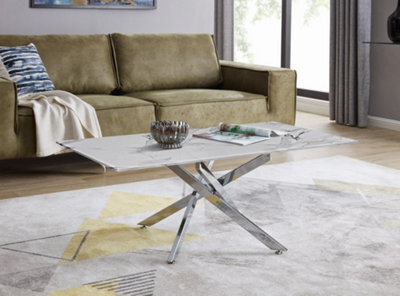 Furniturebox Uk Leonardo Coffee Table With White Glass Marble Effect Top And Silver Legs - image 1