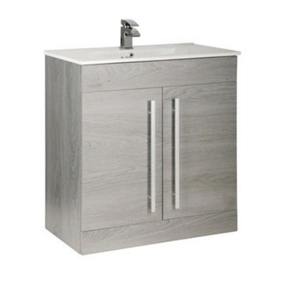 Clifton Bathroom 2-Door Floor Standing Vanity Unit With Ceramic Basin 800mm Wide - Silver Oak  - Brassware Not Included - image 1