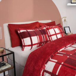 OHS Teddy Fleece Duvet Cover Set Pillowcase Bedding Check, Red - Double - thumbnail 2