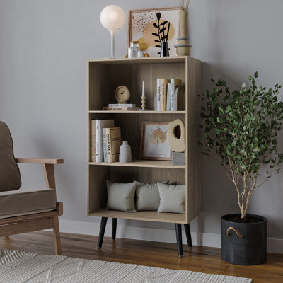 Urbn-Living Urbnliving 90Cm Height Wide Oak 3 Tier Bookcase Storage Cabinet Scandinavian Style Black Legs - image 1