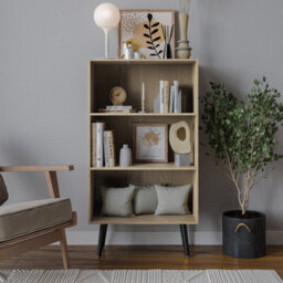 Urbn-Living Urbnliving 90Cm Height Wide Oak 3 Tier Bookcase Storage Cabinet Scandinavian Style Black Legs - thumbnail 2