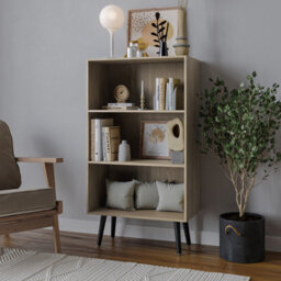 Urbn-Living Urbnliving 90Cm Height Wide Oak 3 Tier Bookcase Storage Cabinet Scandinavian Style Black Legs - thumbnail 1