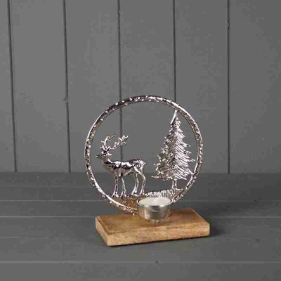 Round Silver Metal Reindeer Stag Christmas Tree Wooden Base (11606)