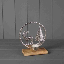 Round Silver Metal Reindeer Stag Christmas Tree Wooden Base (11606)