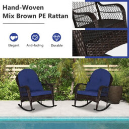 Costway Outdoor Wicker Rocking Chair Patio Rattan Rocker W/ Cushions Navy - thumbnail 9