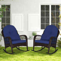 Costway Outdoor Wicker Rocking Chair Patio Rattan Rocker W/ Cushions Navy - thumbnail 8