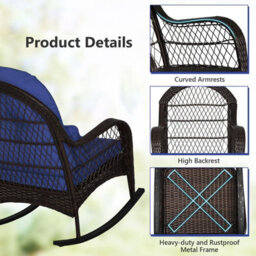 Costway Outdoor Wicker Rocking Chair Patio Rattan Rocker W/ Cushions Navy - thumbnail 4