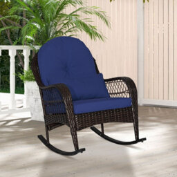 Costway Outdoor Wicker Rocking Chair Patio Rattan Rocker W/ Cushions Navy - thumbnail 7