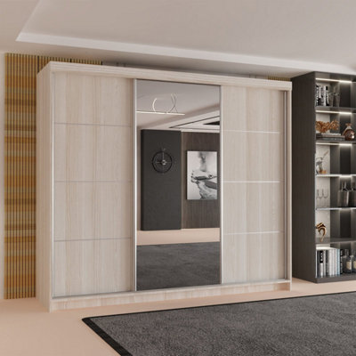 Sliding Wardrobes 4 u LTD Modern Sliding Door Wardrobe With Mirror - Spacious Bedroom Storage Cabinet In 4 Colors (Oak, 250Cm) - image 1