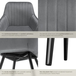 Tectake 1 Chair Marilyn - Velvet Look, Quilted, Continuous Backrest, Slim Steel Legs  - Grey/black - thumbnail 5
