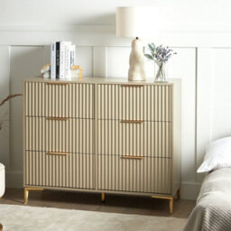 Wyld And Coco Beige 6-Drawer Chest With Fluted Fronts And Gold Handles - W108 X D40 X H89Cm - thumbnail 2