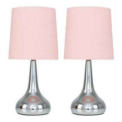 Valuelights Teardrop Pair Of Chrome Touch Table Lamps With Pink Shade And Bulbs - image 1