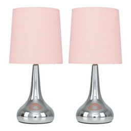 Valuelights Teardrop Pair Of Chrome Touch Table Lamps With Pink Shade And Bulbs