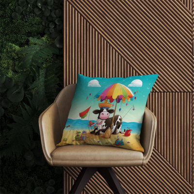 Warren Reed Designer Cow On A Beach Holiday Outdoor Cushion 60Cm X 60Cm
