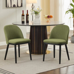London Boutique Set Of 2 Linen Fabric Dining Chairs, Upholstered Kitchen Chairs, Curved Backrests, Wooden Legs, Green