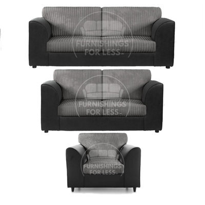 Furnishings For Less UK Luxor Jumbo Cord 3 + 2 + 1 Fabric 3 Piece Sofa Suite - Fullback Black And Grey - image 1