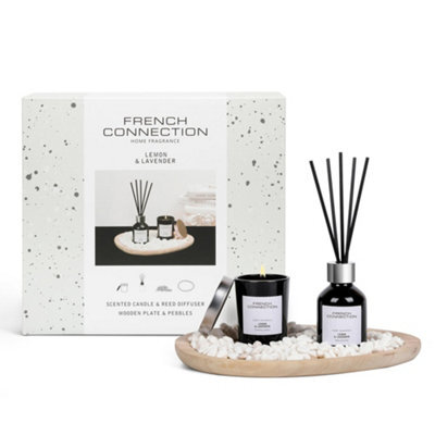 French Connection Black Candle, Diff & Wooden Plate Giftset,lemon & Lavender