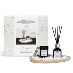 French Connection Black Candle, Diff & Wooden Plate Giftset,lemon & Lavender