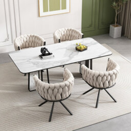 Btm Set Of 6 Velvet Dining Chairs, Swivel Armchair, Metal Legs, Light Luxury Living Room/bedroom, Beige - thumbnail 2