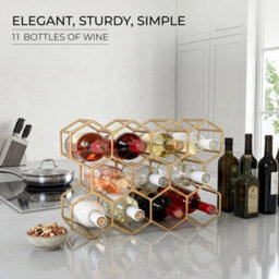 Gold Metal Wine Rack 11 Bottle Holder Black Countertop Tabletop Storage Stand - thumbnail 3