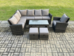 Fimous 9 Seat Rattan Garden Furniture Corner Sofa Set Outdoor Patio Sofa Chair Table Set With 2 Small Footstools - thumbnail 1