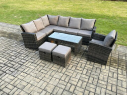 Fimous 9 Seat Rattan Garden Furniture Corner Sofa Set Outdoor Patio Sofa Chair Table Set With 2 Small Footstools - thumbnail 2