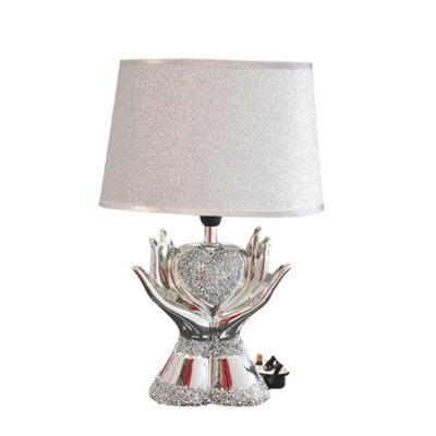 Biznest Silver Glitter Crushed Diamond Table With Lamp Shade Heart In Hands