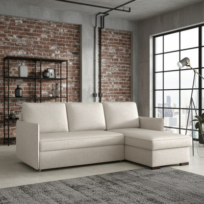Megan Living Room Corner Sofa Bed With Storage Polyurethane Foam Wave Spring Wooden Frame 220X90X160Cm Light Beige - image 1