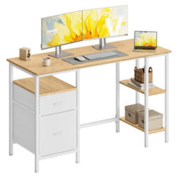 Vasagle Home Office Work Desk, Computer Desk With 3 Shelves, 2 Drawers, 127 X 50 X 76 Cm, For Bedroom, Yellow And White - thumbnail 2