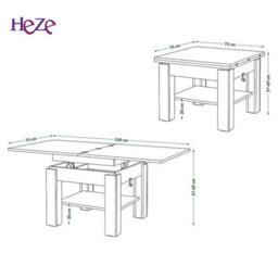 Heze Furniture Clara 2 In 1 Extending Coffee / Dining Table 75-150Cm - Brown Oak / Black - thumbnail 4