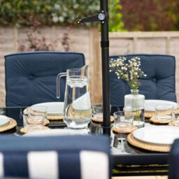 Primrose 6 Seater Metal Garden Furniture Set With Table Chairs And Crank Parasol In Navy Blue - thumbnail 9