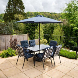 Primrose 6 Seater Metal Garden Furniture Set With Table Chairs And Crank Parasol In Navy Blue - thumbnail 2